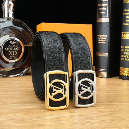 LV Floral Embossed Leather Belt with LV Logo Buckle