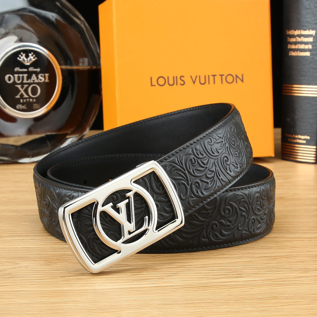 LV Floral Embossed Leather Belt with LV Logo Buckle