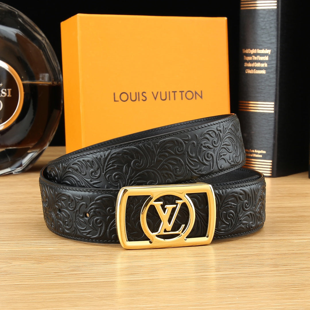 LV Floral Embossed Leather Belt with LV Logo Buckle