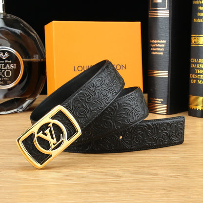 LV Floral Embossed Leather Belt with LV Logo Buckle