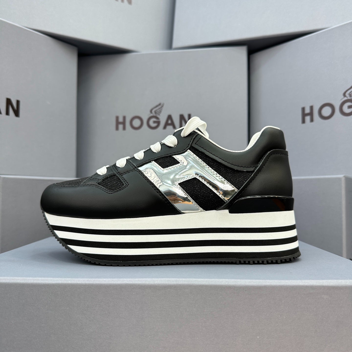 HOGAN Black Silver Black-White Striped Stack Wedge Platform Sneakers