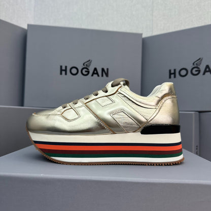 Hogan Women's Metallic Gold Rainbow Striped Platform Sneakers, Leather Lace-Up Wedge Casual Shoes, Celebrity Inspired Height Increasing Loafers
