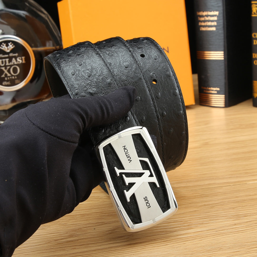 LV Ostrich-Embossed Leather Belt with LV Automatic Buckle