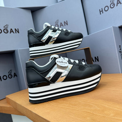 HOGAN Black Silver Black-White Striped Stack Wedge Platform Sneakers