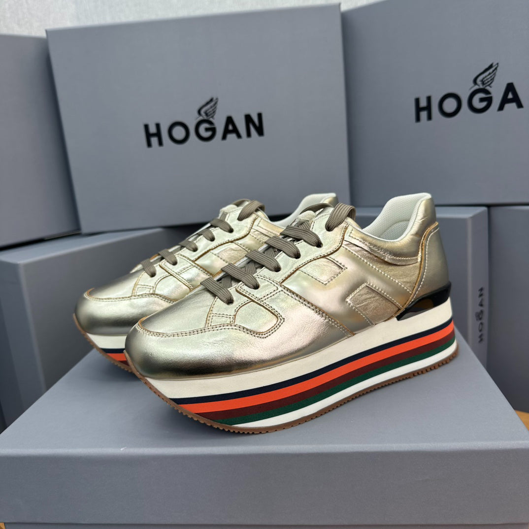 Hogan Women's Metallic Gold Rainbow Striped Platform Sneakers, Leather Lace-Up Wedge Casual Shoes, Celebrity Inspired Height Increasing Loafers