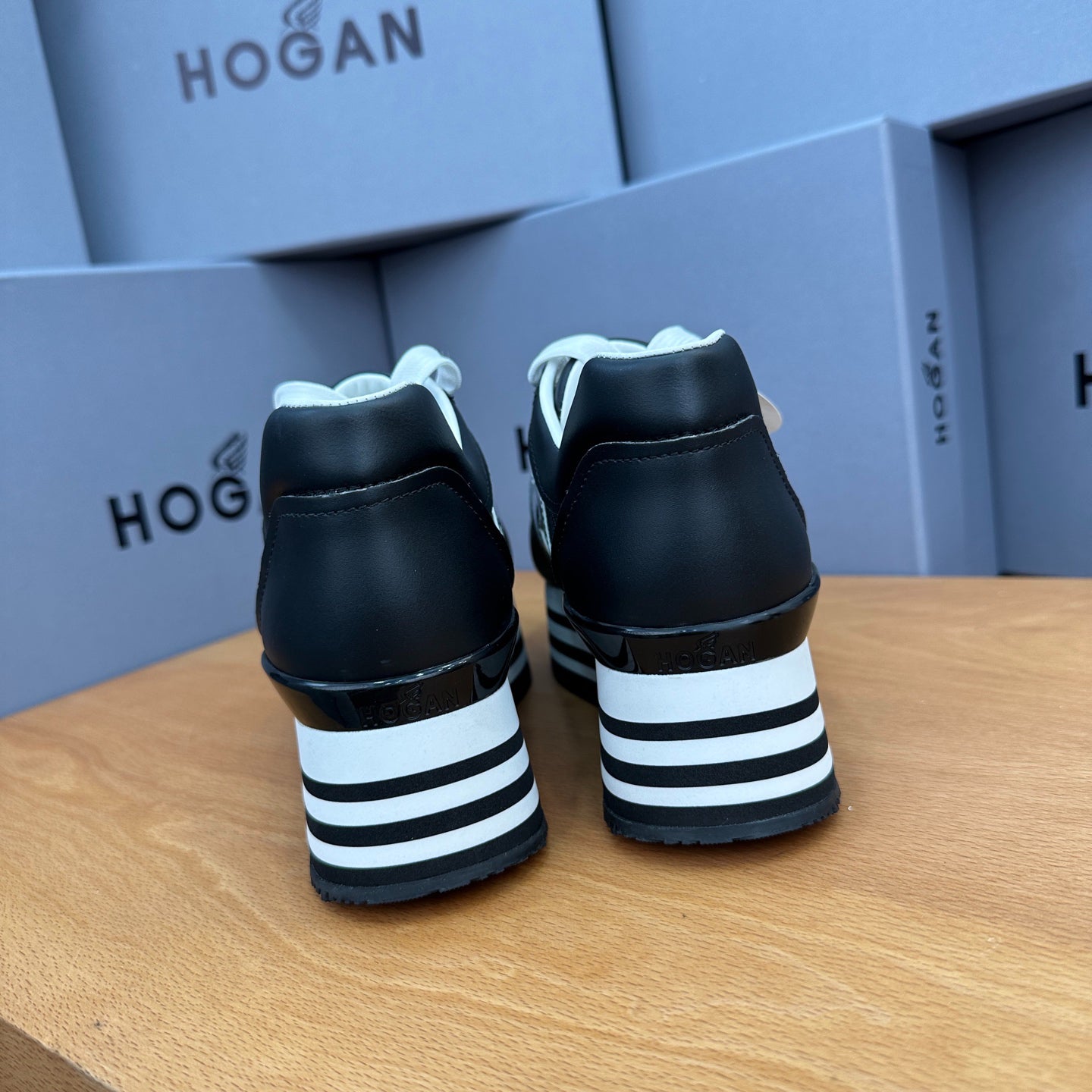 HOGAN Black Silver Black-White Striped Stack Wedge Platform Sneakers