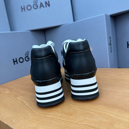 HOGAN Black Silver Black-White Striped Stack Wedge Platform Sneakers