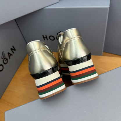 Hogan Women's Metallic Gold Rainbow Striped Platform Sneakers, Leather Lace-Up Wedge Casual Shoes, Celebrity Inspired Height Increasing Loafers