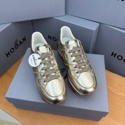 Hogan Women's Metallic Gold Rainbow Striped Platform Sneakers, Leather Lace-Up Wedge Casual Shoes, Celebrity Inspired Height Increasing Loafers