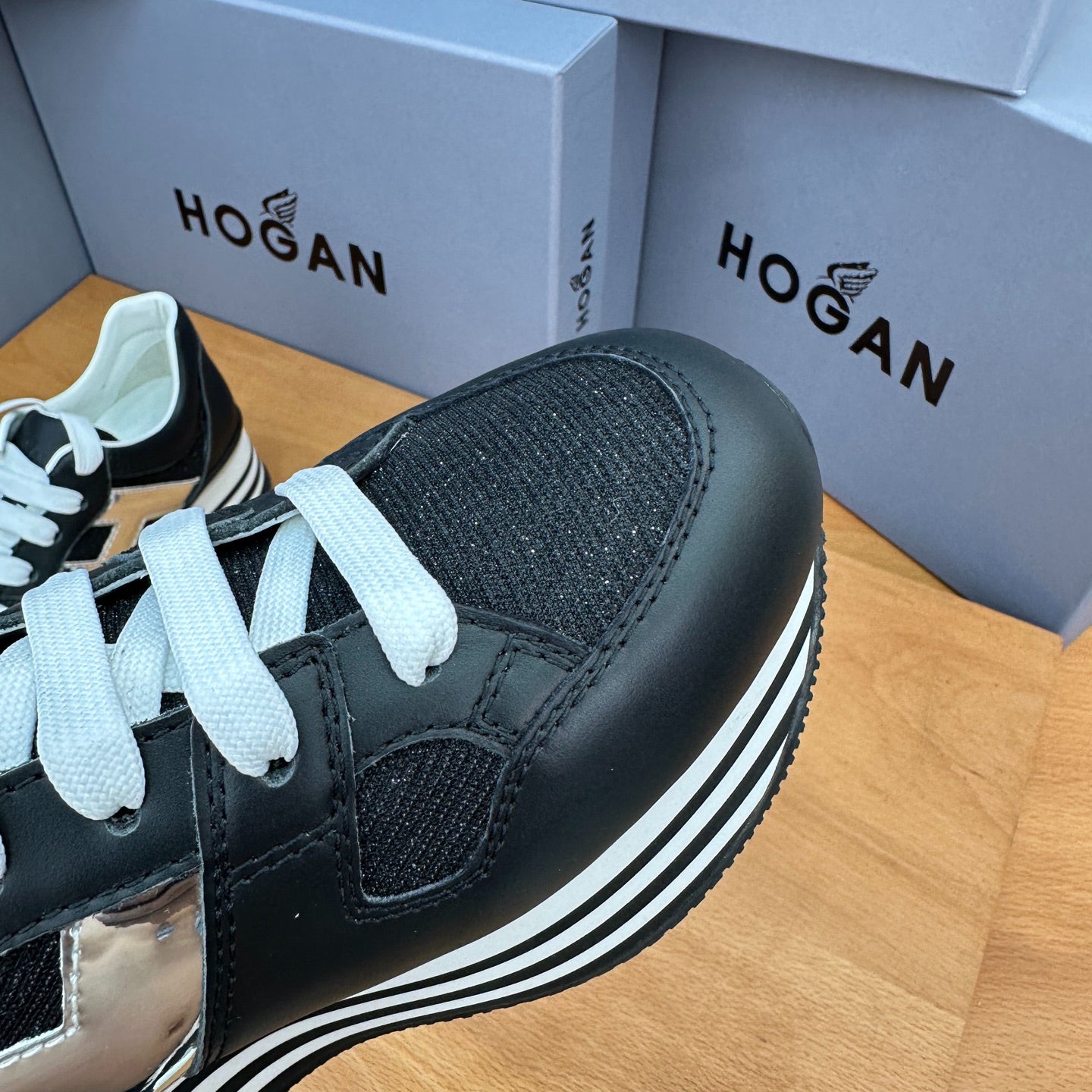 HOGAN Black Silver Black-White Striped Stack Wedge Platform Sneakers