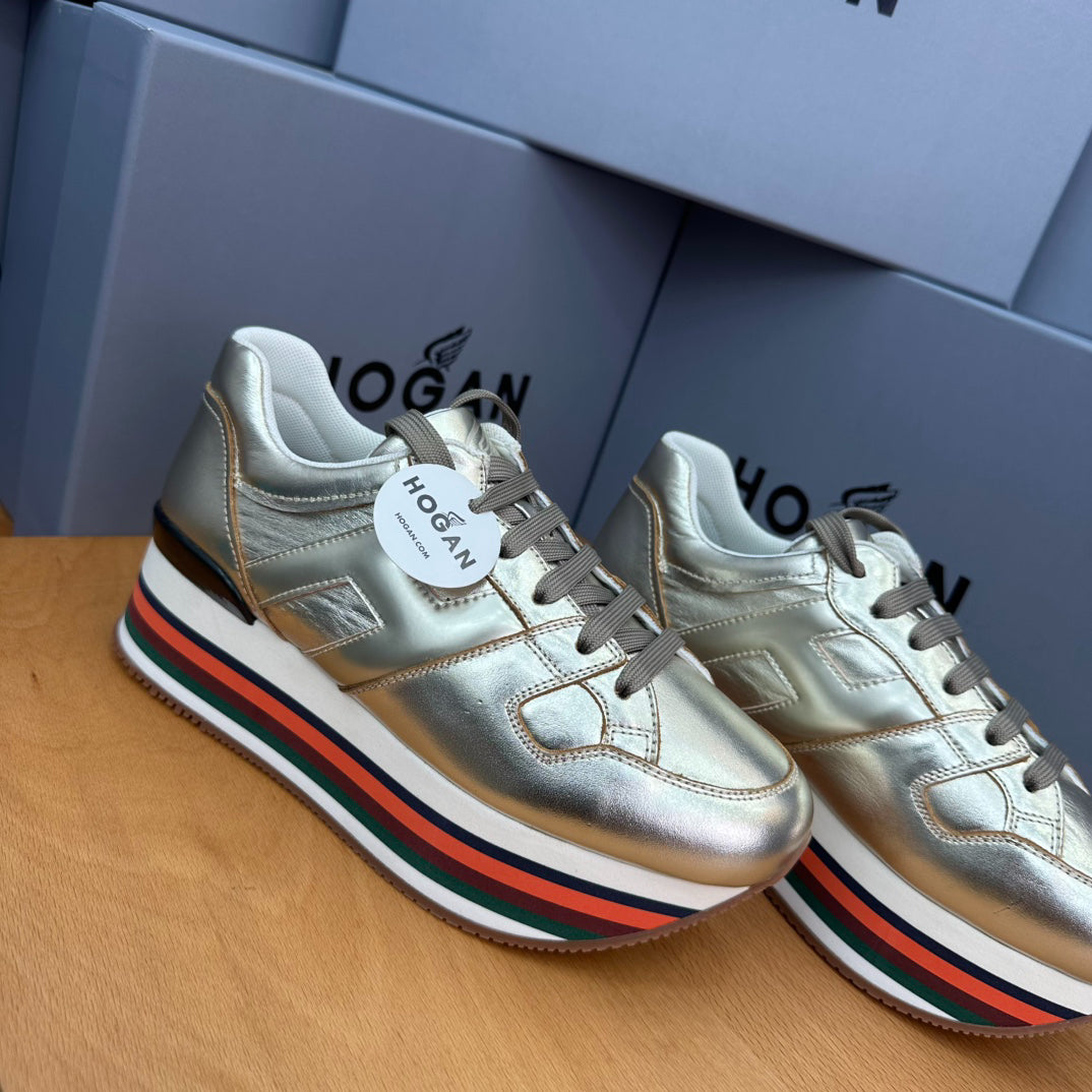 Hogan Women's Metallic Gold Rainbow Striped Platform Sneakers, Leather Lace-Up Wedge Casual Shoes, Celebrity Inspired Height Increasing Loafers