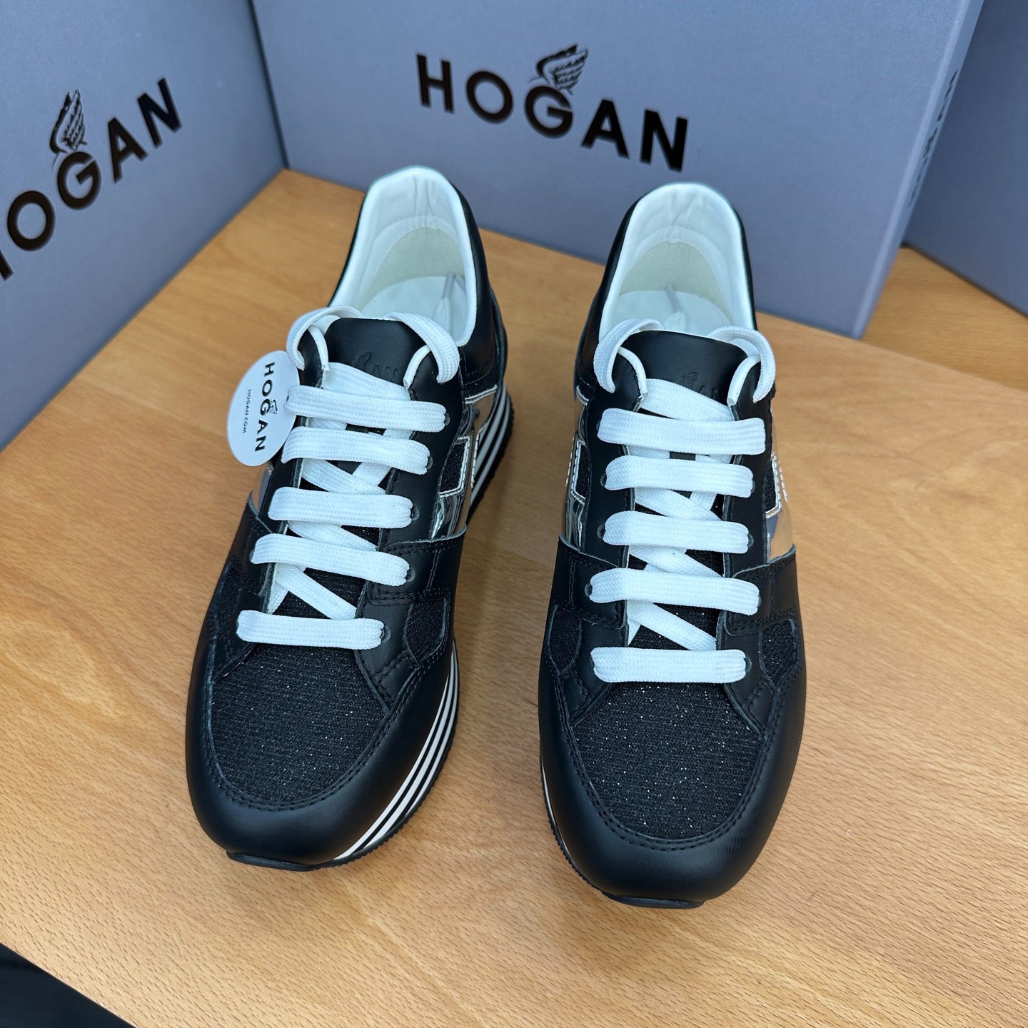 HOGAN Black Silver Black-White Striped Stack Wedge Platform Sneakers