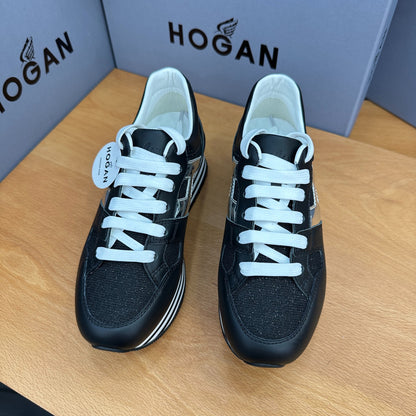 HOGAN Black Silver Black-White Striped Stack Wedge Platform Sneakers