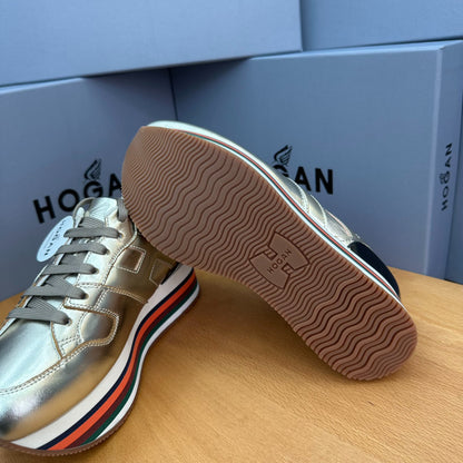 Hogan Women's Metallic Gold Rainbow Striped Platform Sneakers, Leather Lace-Up Wedge Casual Shoes, Celebrity Inspired Height Increasing Loafers