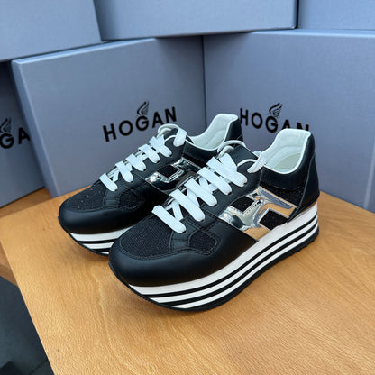 HOGAN Black Silver Black-White Striped Stack Wedge Platform Sneakers