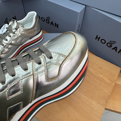 Hogan Women's Metallic Gold Rainbow Striped Platform Sneakers, Leather Lace-Up Wedge Casual Shoes, Celebrity Inspired Height Increasing Loafers
