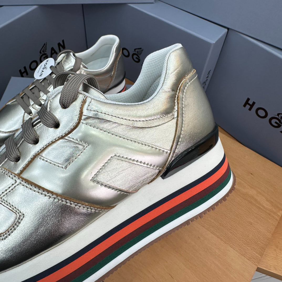 Hogan Women's Metallic Gold Rainbow Striped Platform Sneakers, Leather Lace-Up Wedge Casual Shoes, Celebrity Inspired Height Increasing Loafers