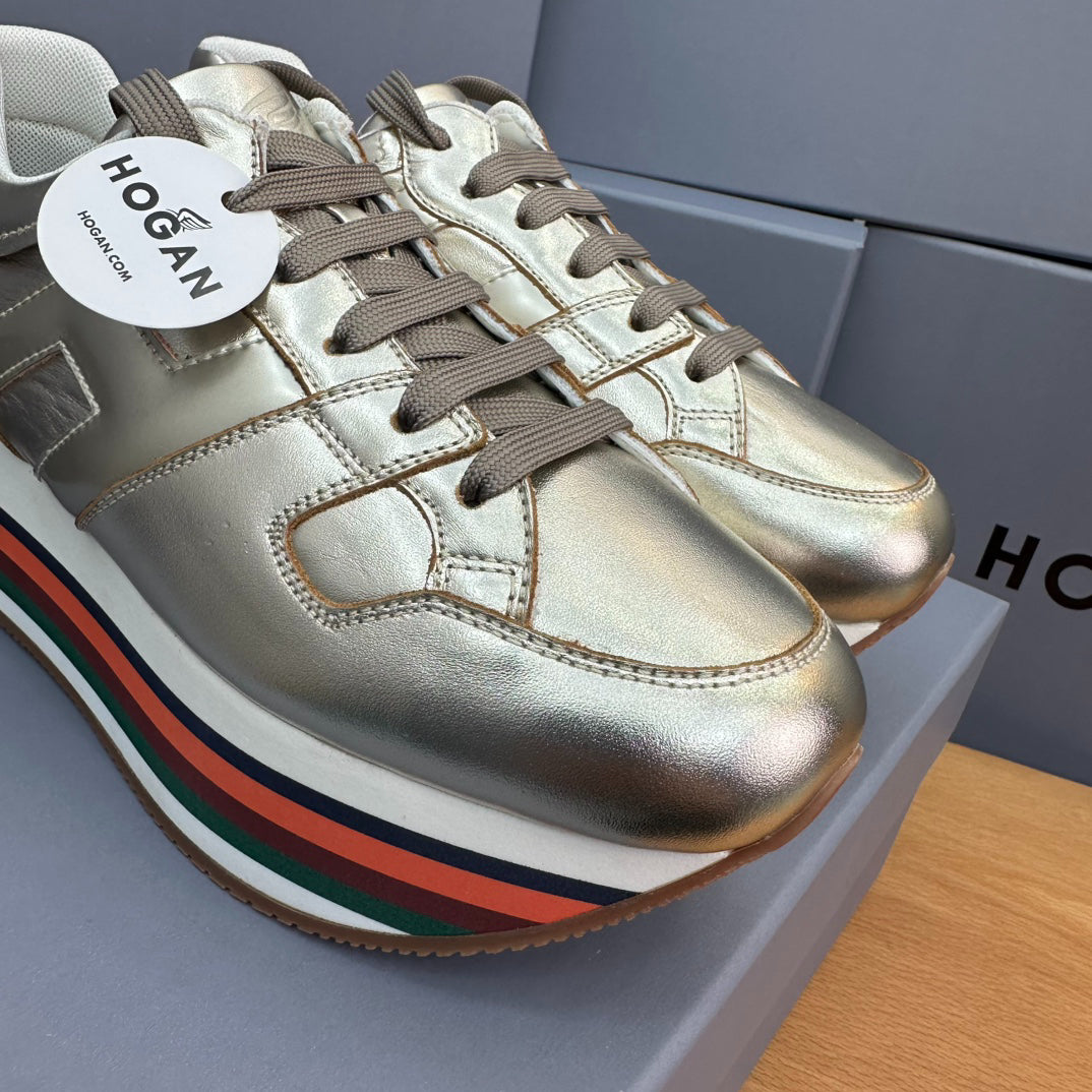 Hogan Women's Metallic Gold Rainbow Striped Platform Sneakers, Leather Lace-Up Wedge Casual Shoes, Celebrity Inspired Height Increasing Loafers
