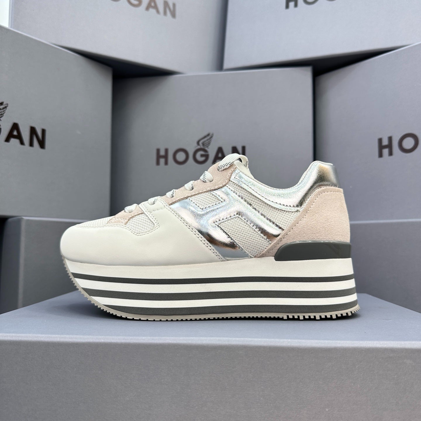 HOGAN White Silver Grey Striped Stack Wedge Platform Sneakers