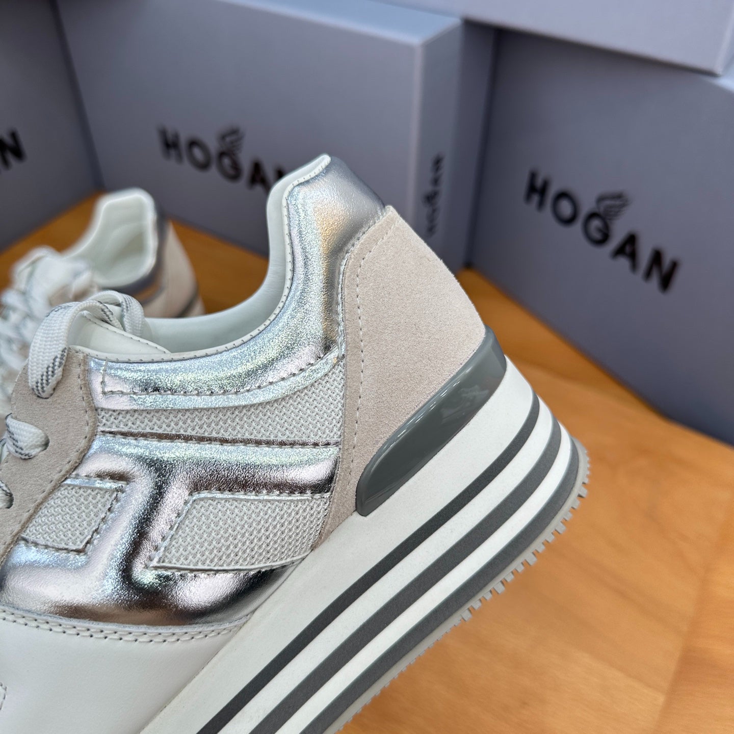 HOGAN White Silver Grey Striped Stack Wedge Platform Sneakers