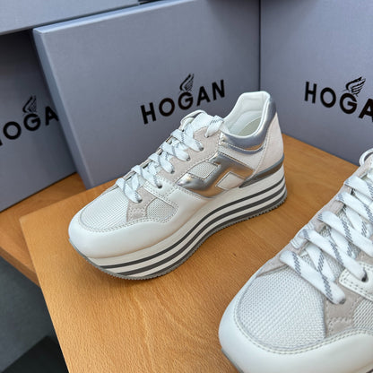HOGAN White Silver Grey Striped Stack Wedge Platform Sneakers