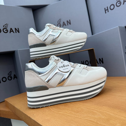 HOGAN White Silver Grey Striped Stack Wedge Platform Sneakers