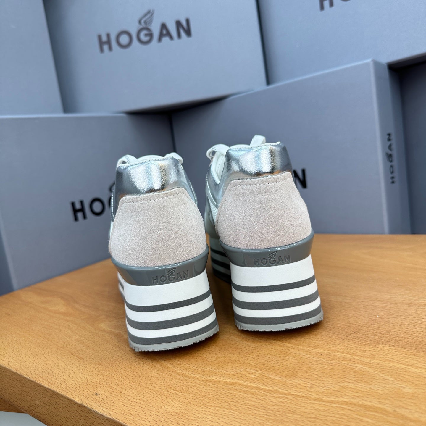 HOGAN White Silver Grey Striped Stack Wedge Platform Sneakers