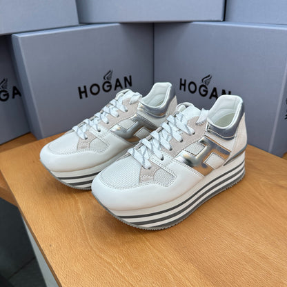 HOGAN White Silver Grey Striped Stack Wedge Platform Sneakers