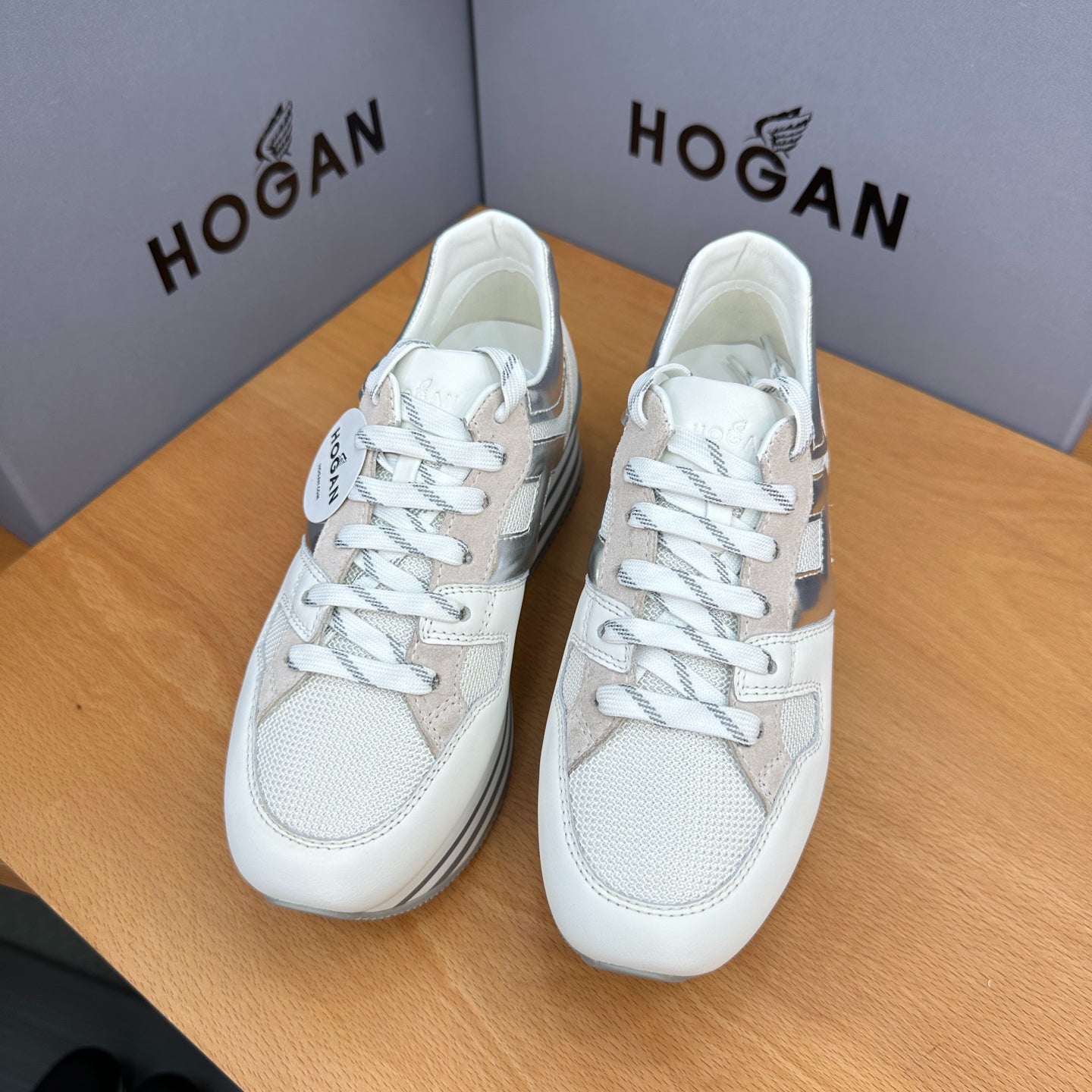 HOGAN White Silver Grey Striped Stack Wedge Platform Sneakers