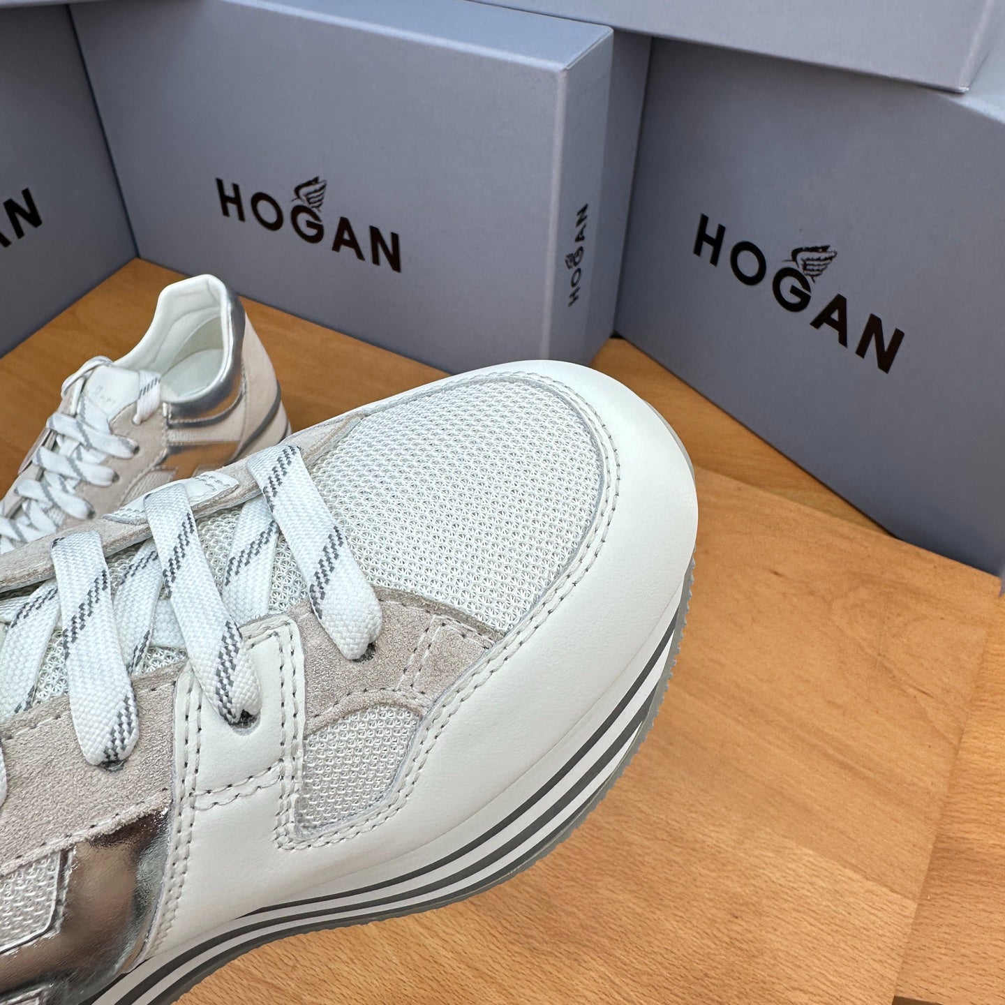 HOGAN White Silver Grey Striped Stack Wedge Platform Sneakers