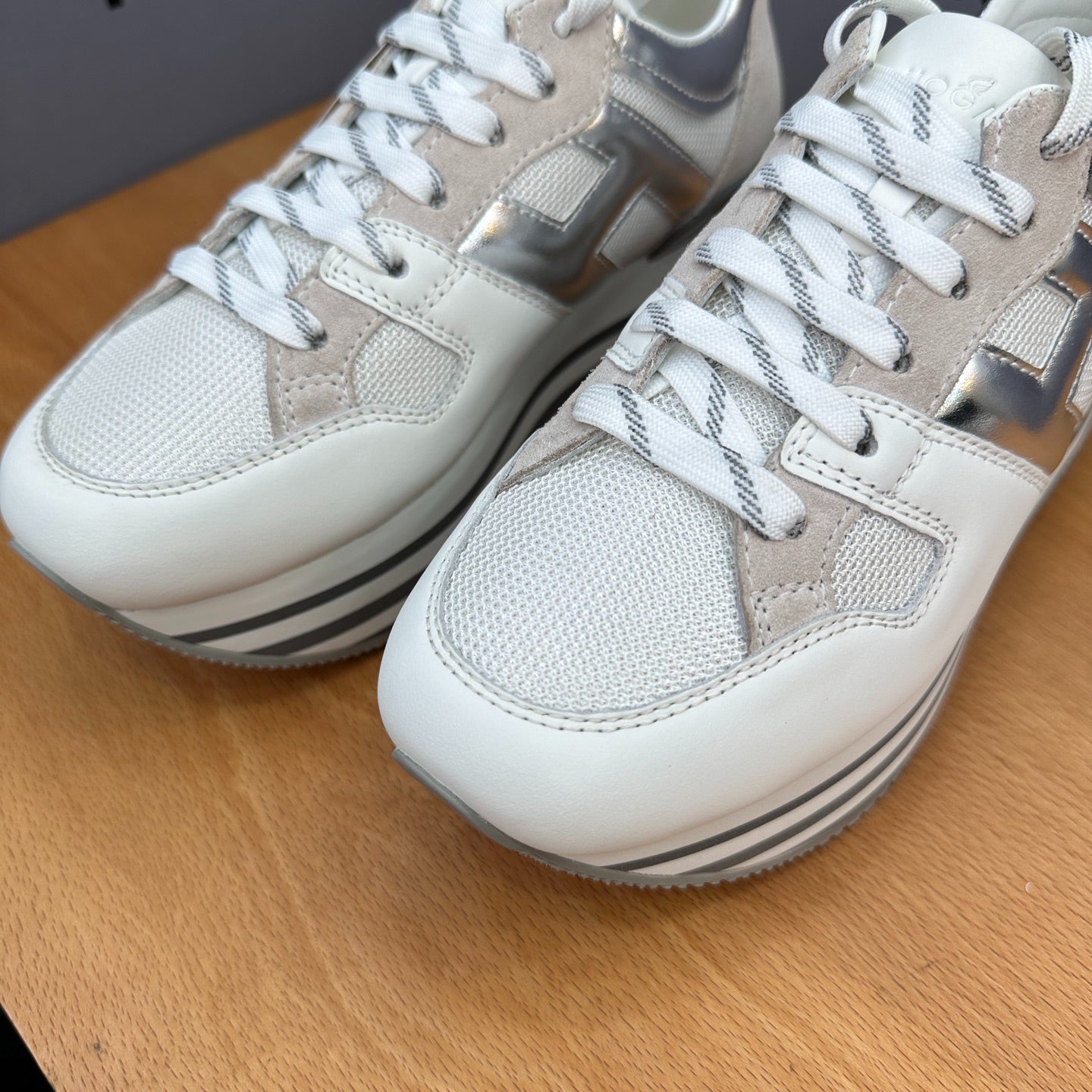 HOGAN White Silver Grey Striped Stack Wedge Platform Sneakers