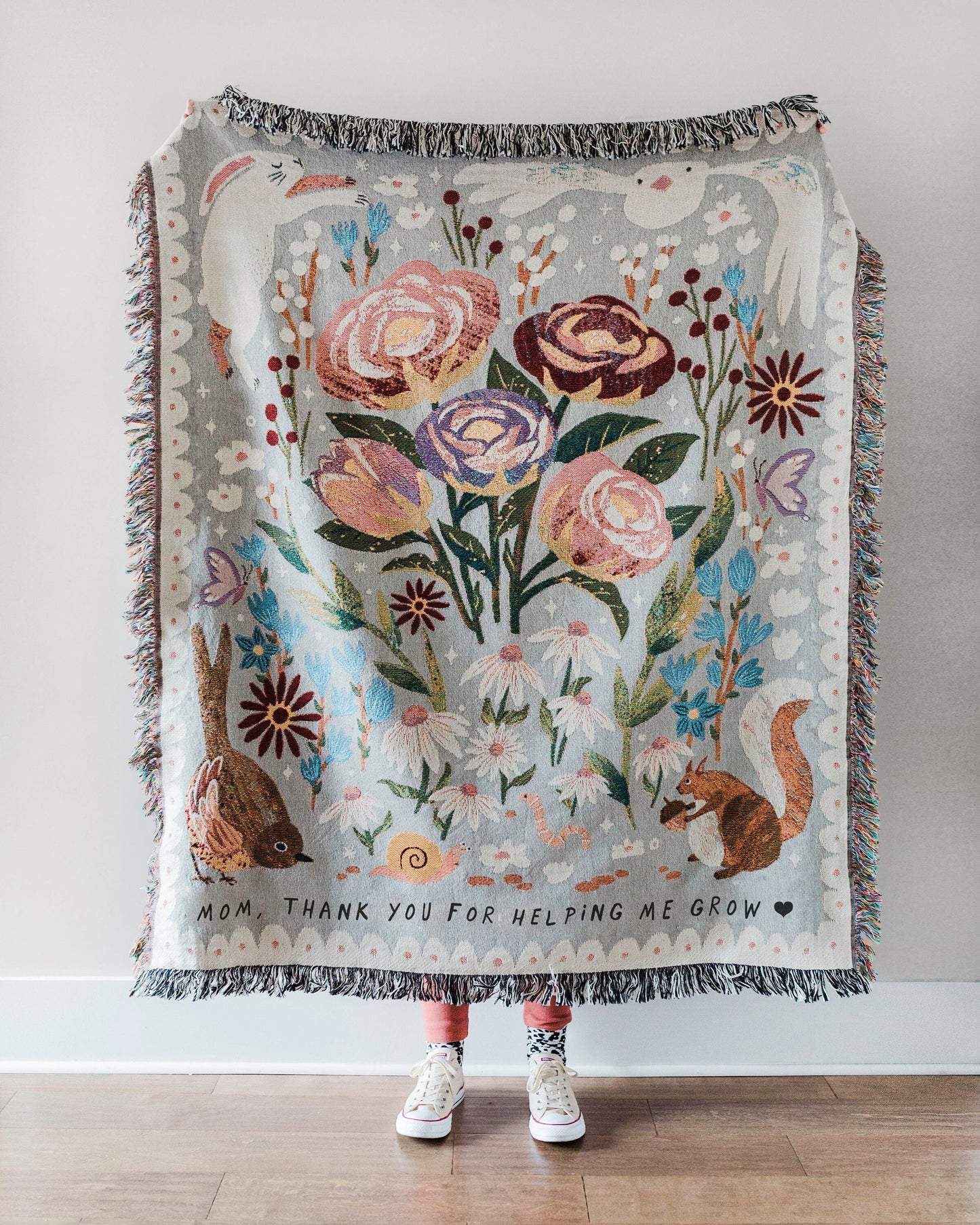 Gift for Mom Throw Blanket: Personalized Woven Mothers Day Present, Floral Nature Animals, Thank you for helping me grow, Unique Home Decor