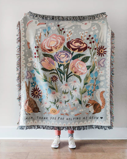 Gift for Mom Throw Blanket: Personalized Woven Mothers Day Present, Floral Nature Animals, Thank you for helping me grow, Unique Home Decor
