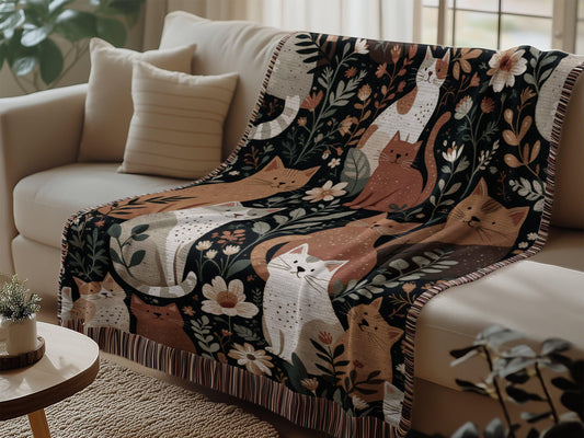 Whimsical Cats Cottagecore Blanket, Folk Art Design Woven Blanket, Cozy Cat Lover Throw Blanket, Birthday Blanket Gift, Cats Woven Bedspread
