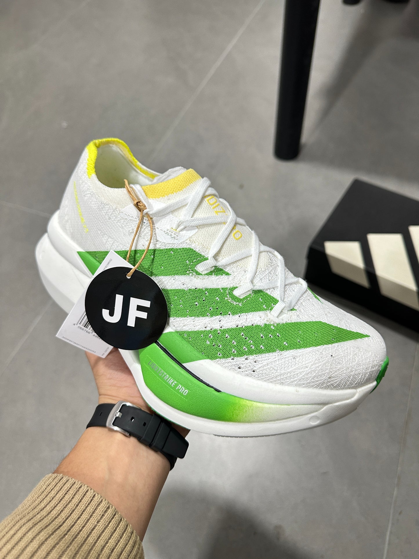 Adidas ADIZERO ADIOS PRO 4 (Cloud White / Green / Yellow colorway)