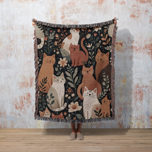 Whimsical Cats Cottagecore Blanket, Folk Art Design Woven Blanket, Cozy Cat Lover Throw Blanket, Birthday Blanket Gift, Cats Woven Bedspread