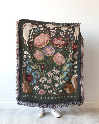 Gift for Mom Blanket: Thanks for Helping Me Grow, Floral Garden Woven Throw, Mothers Day Present