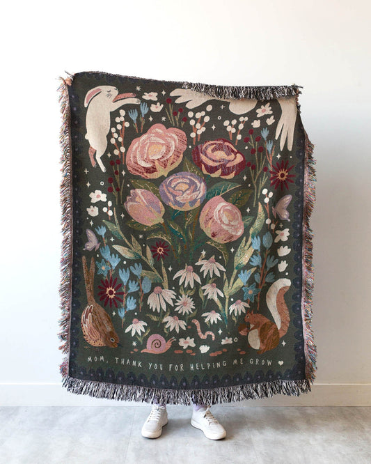Gift for Mom Blanket: Thanks for Helping Me Grow, Floral Garden Woven Throw, Mothers Day Present