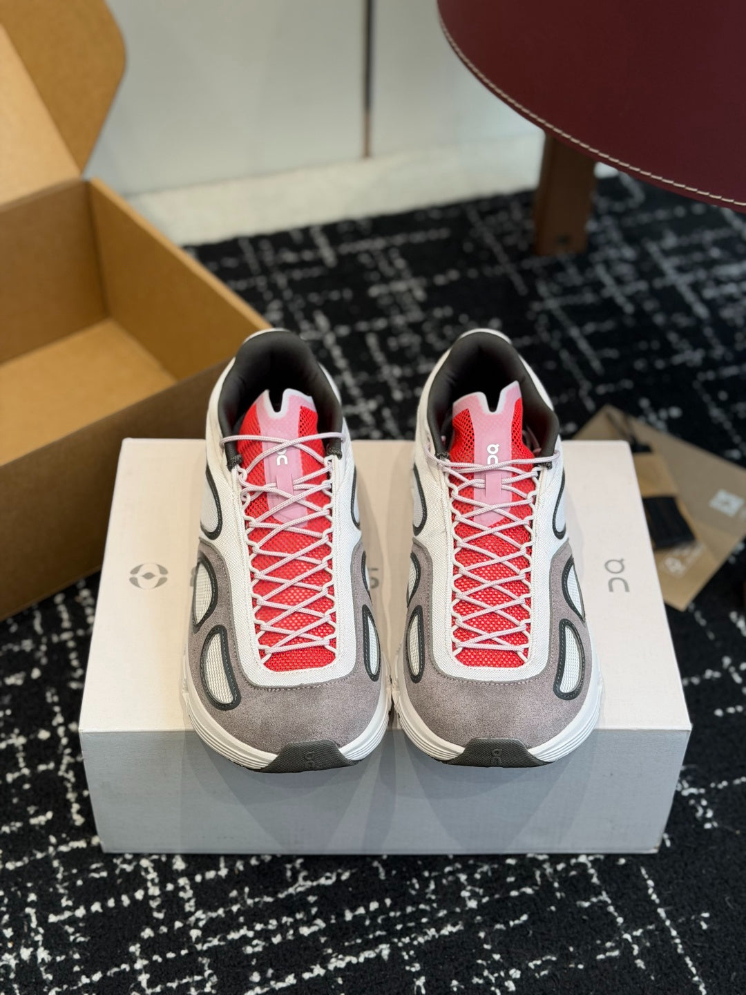On Cloudnova White Grey Red Retro Contrast All-Day Comfort Cloud Foam Walking Sneakers