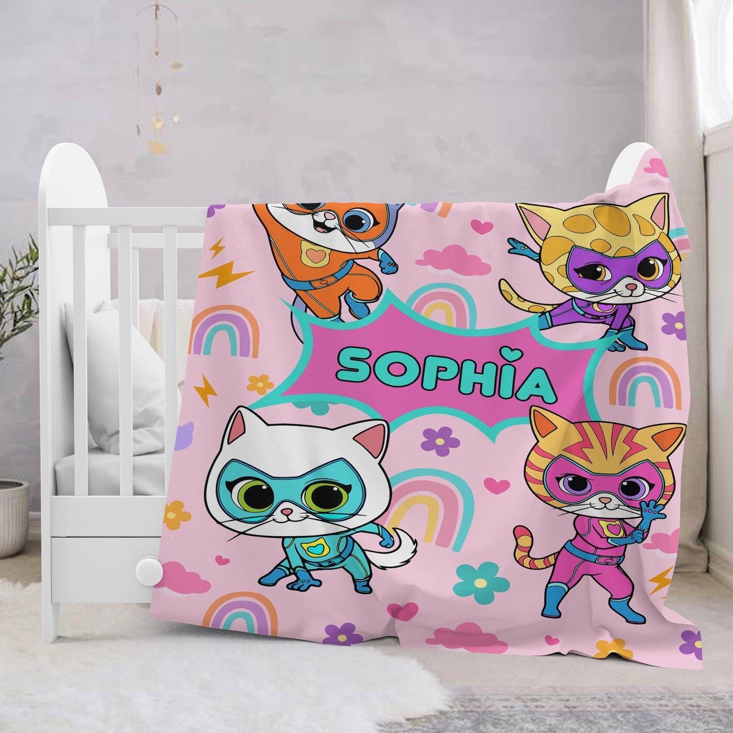 Custom Superkitties Blanket, Custom Super Kitties Blanket, Super Kittie Buddy Bitsy Ginny Sparks Hero Blanket, Cat Superhero Kitties