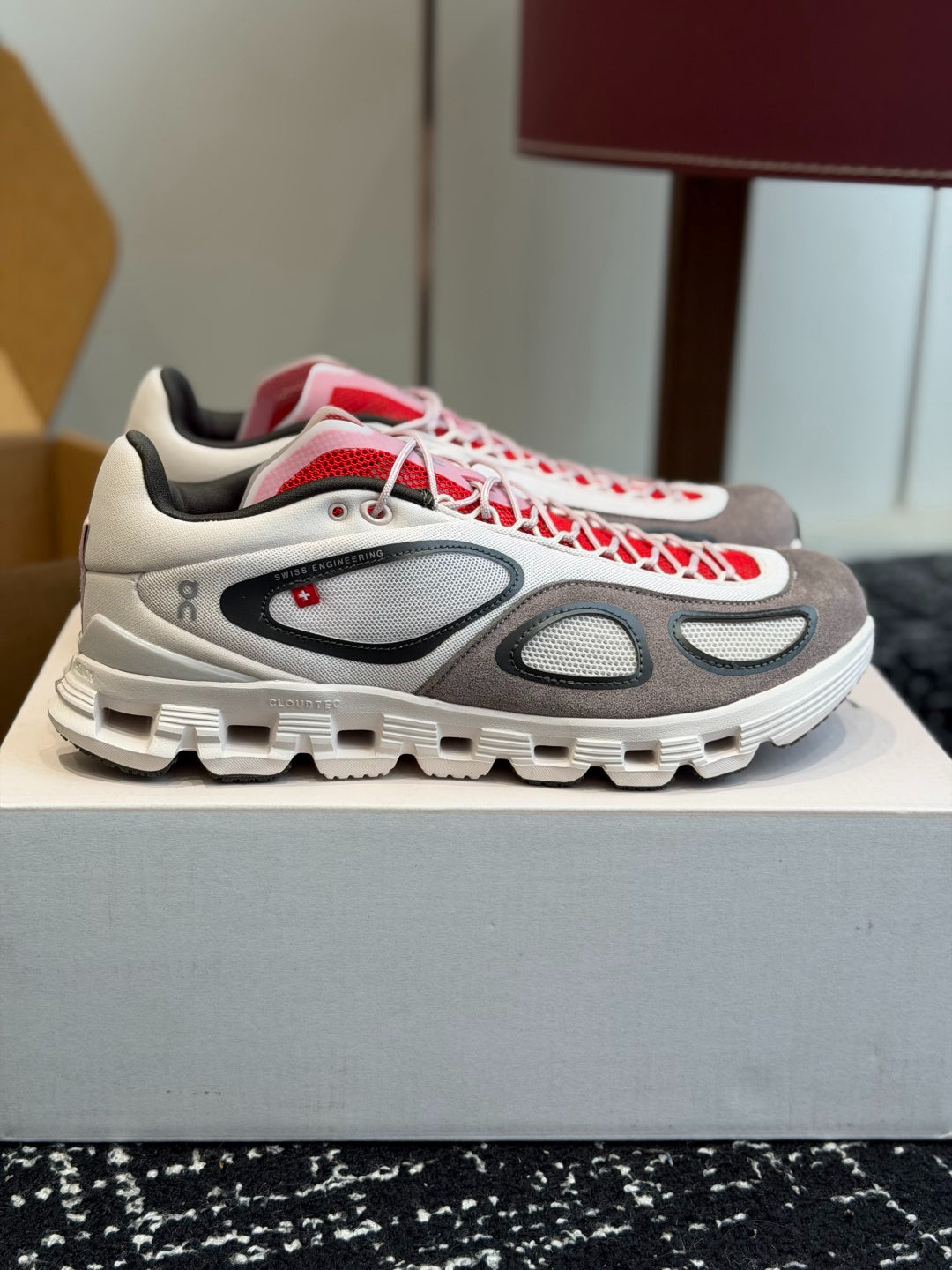 On Cloudnova White Grey Red Retro Contrast All-Day Comfort Cloud Foam Walking Sneakers