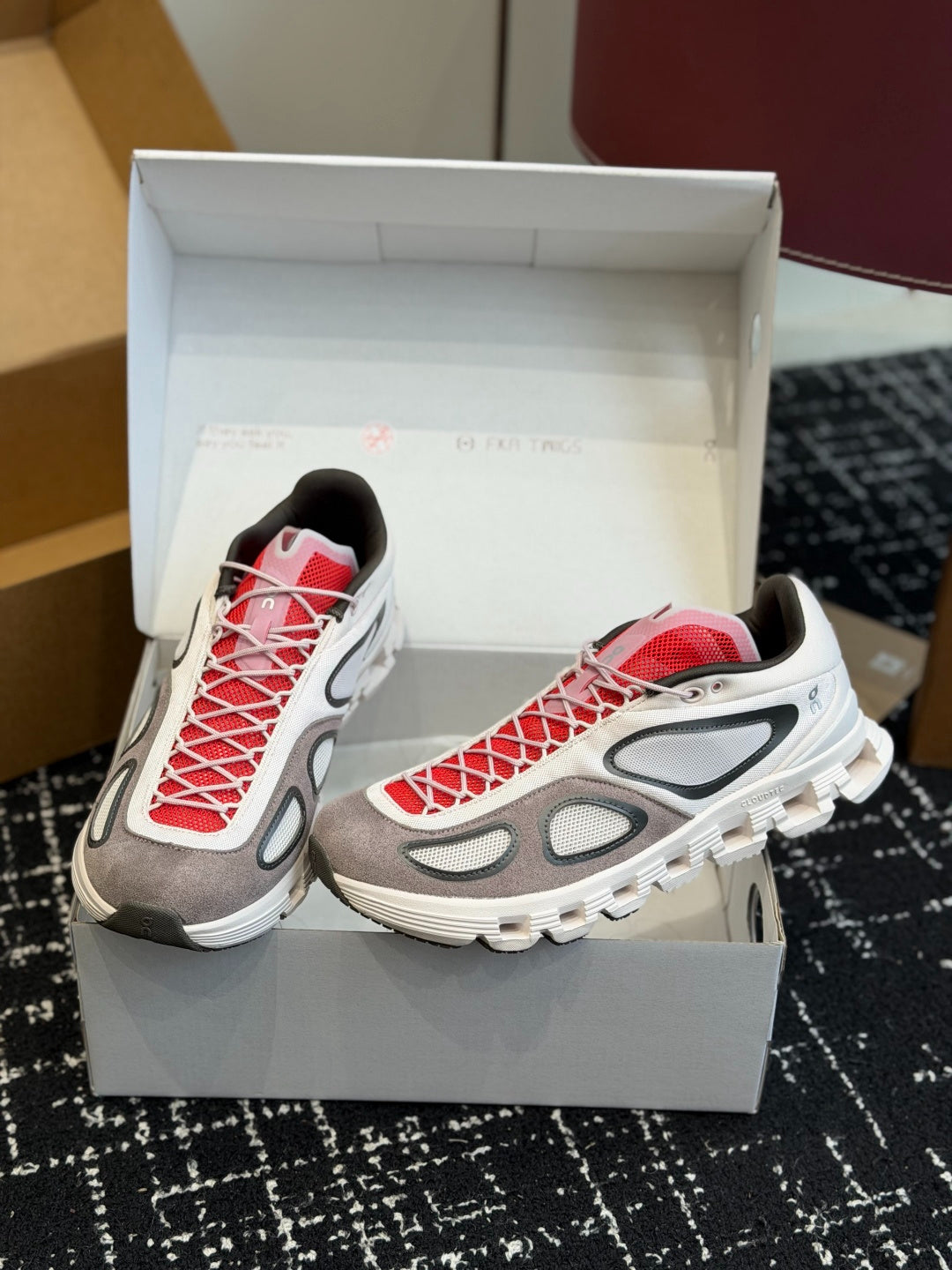On Cloudnova White Grey Red Retro Contrast All-Day Comfort Cloud Foam Walking Sneakers