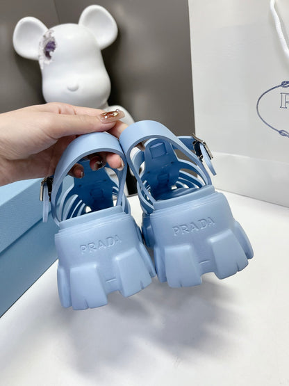Women Sky Blue Platform Roman Fisherman Sandals Triangle Metal Logo Adjustable Ankle Buckle Shoes