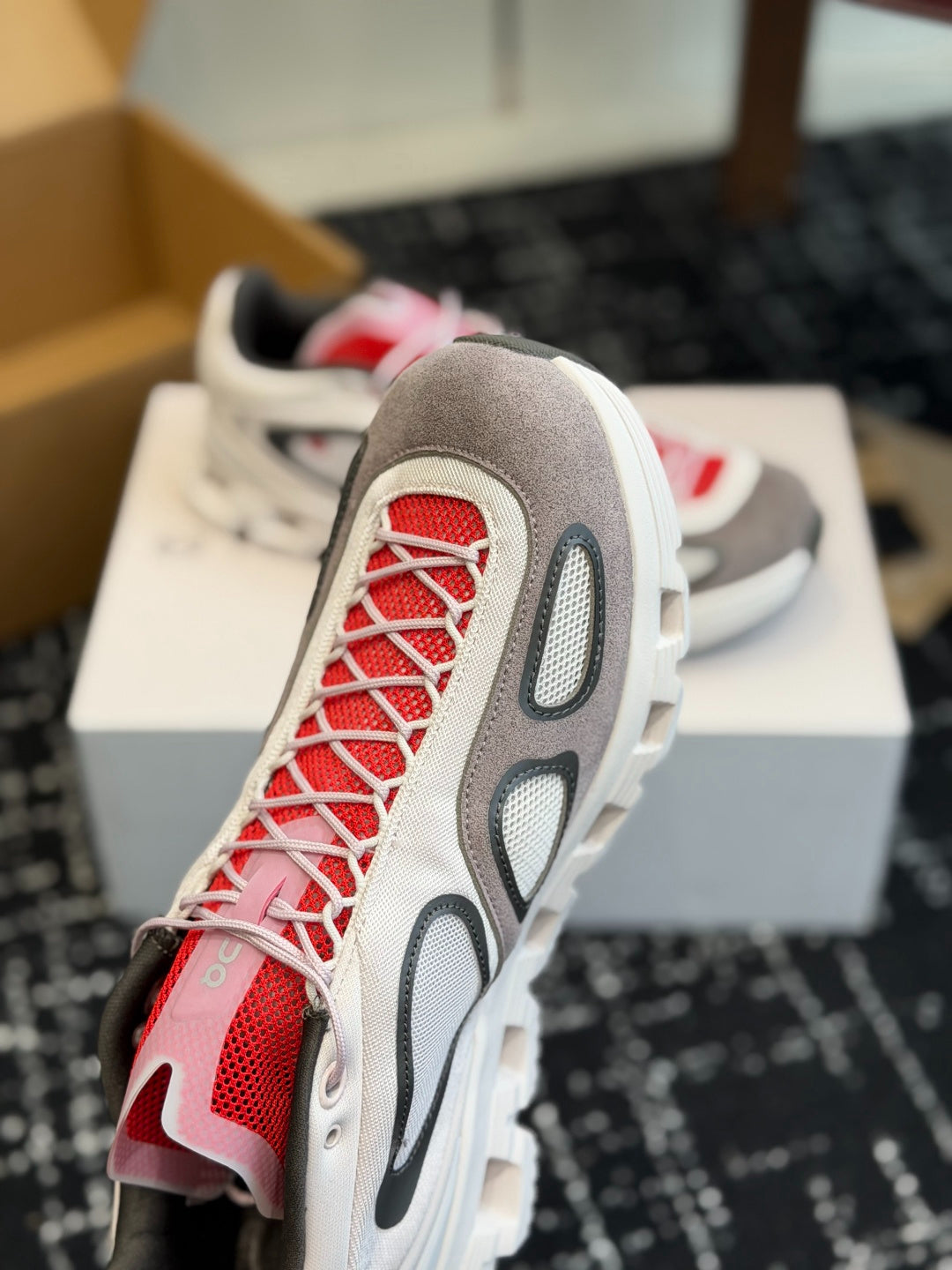 On Cloudnova White Grey Red Retro Contrast All-Day Comfort Cloud Foam Walking Sneakers