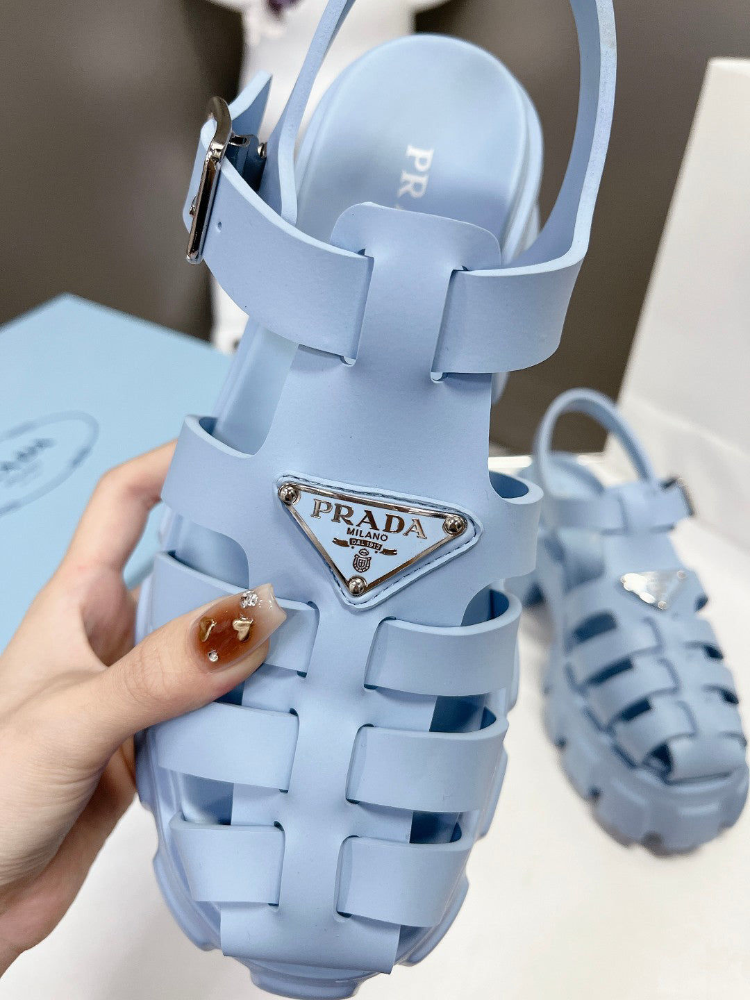 Women Sky Blue Platform Roman Fisherman Sandals Triangle Metal Logo Adjustable Ankle Buckle Shoes