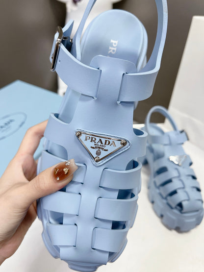 Women Sky Blue Platform Roman Fisherman Sandals Triangle Metal Logo Adjustable Ankle Buckle Shoes