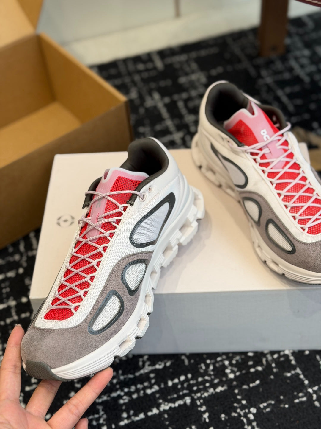 On Cloudnova White Grey Red Retro Contrast All-Day Comfort Cloud Foam Walking Sneakers