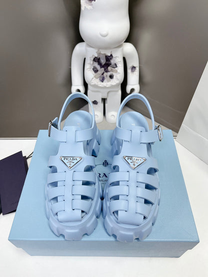 Women Sky Blue Platform Roman Fisherman Sandals Triangle Metal Logo Adjustable Ankle Buckle Shoes