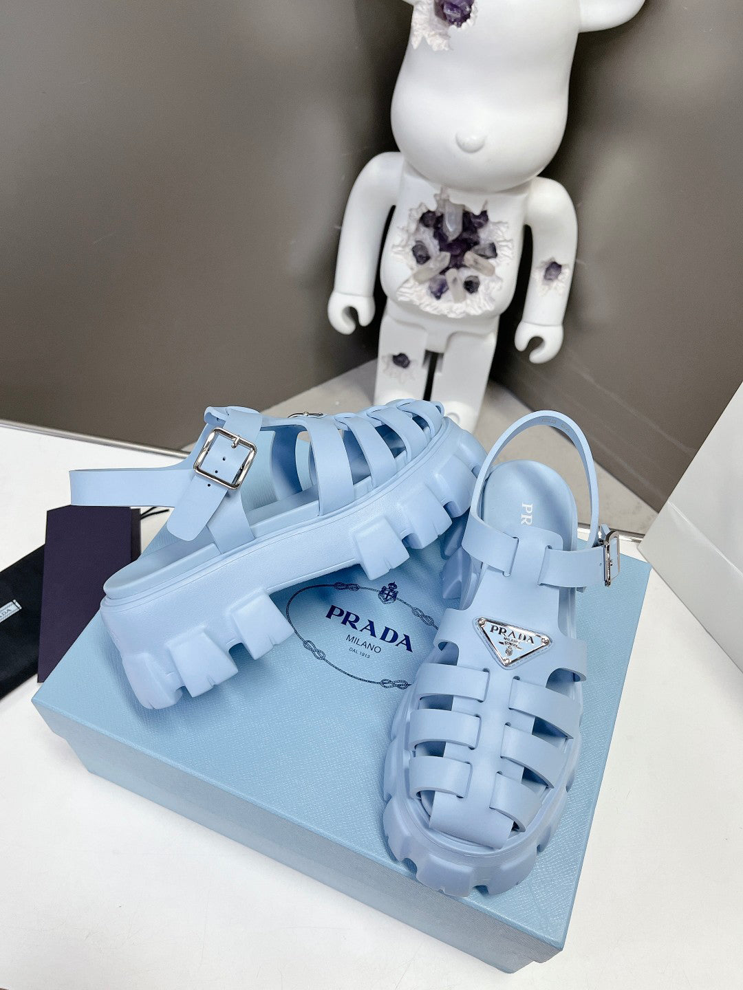 Women Sky Blue Platform Roman Fisherman Sandals Triangle Metal Logo Adjustable Ankle Buckle Shoes