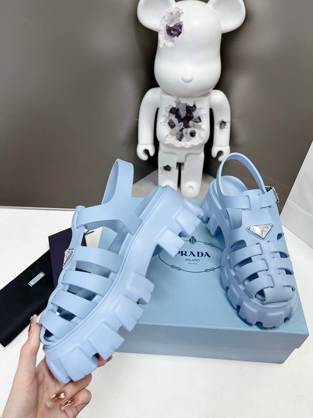 Women Sky Blue Platform Roman Fisherman Sandals Triangle Metal Logo Adjustable Ankle Buckle Shoes
